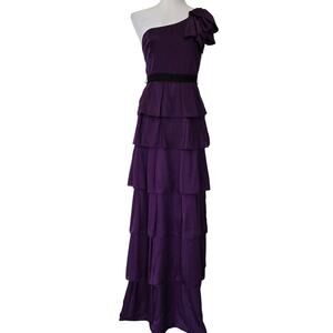 BCBGMAXAZRIA Purple Satin One-Shoulder Tiered Maxi Dress Sz 4 Formal Evening